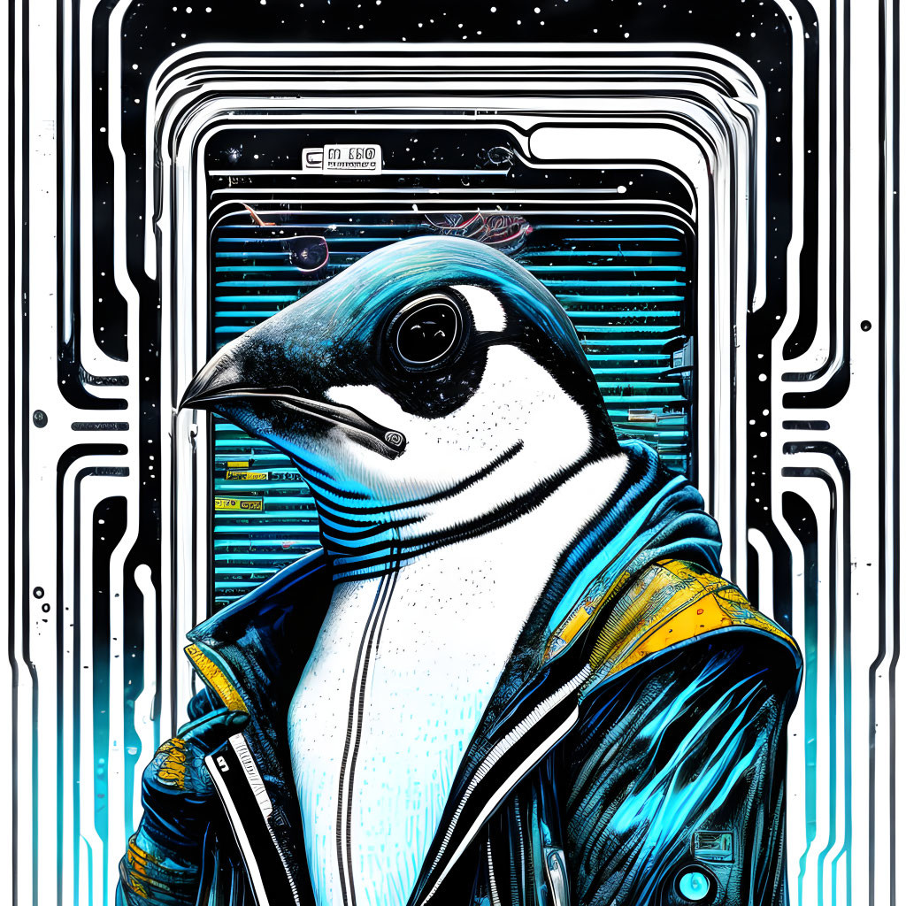 Bird-inspired graphic art with human features in stylish jacket on abstract circuitry background