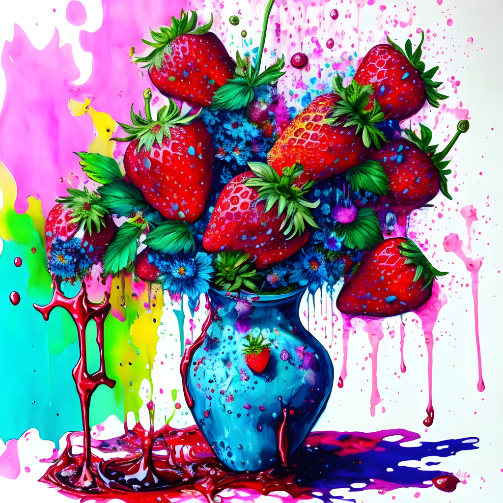 Colorful artwork: strawberries on splattered vase with paint drips