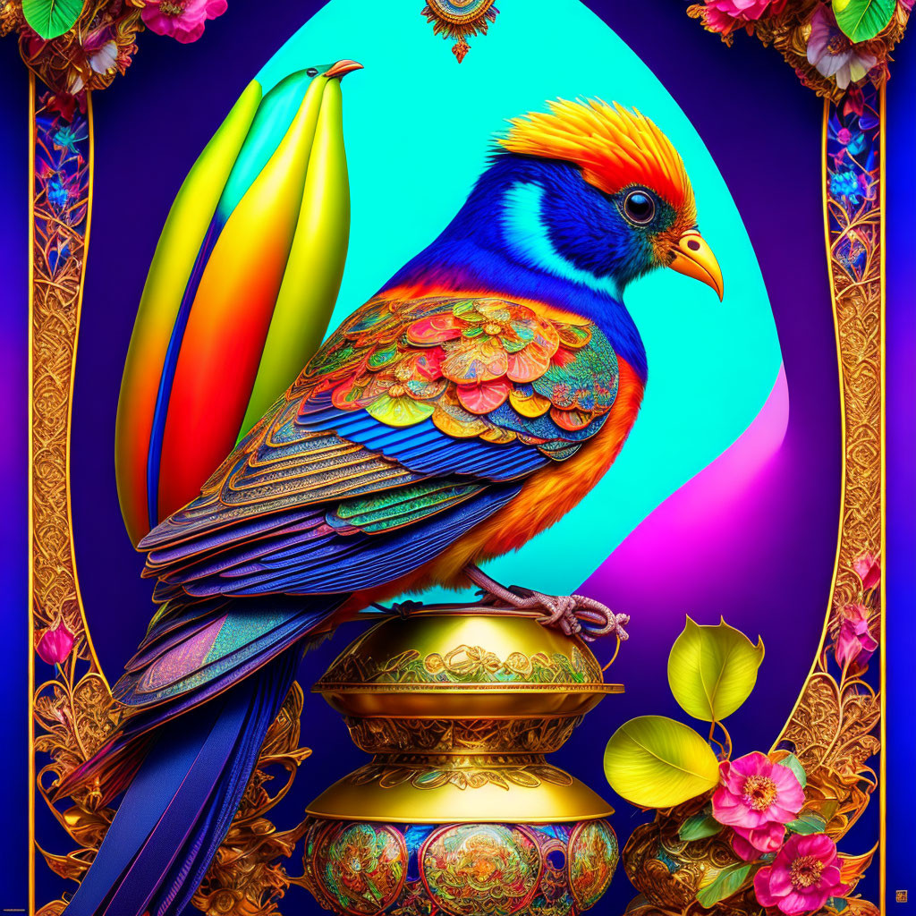 Colorful Bird Perched on Vase with Floral Motifs on Blue and Pink Background