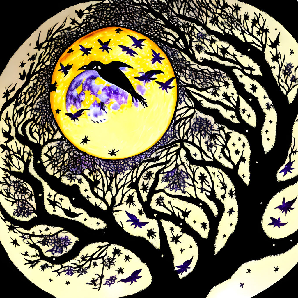 Silhouette of crow in flight against yellow full moon with stars, surrounded by intricate black branches and purple