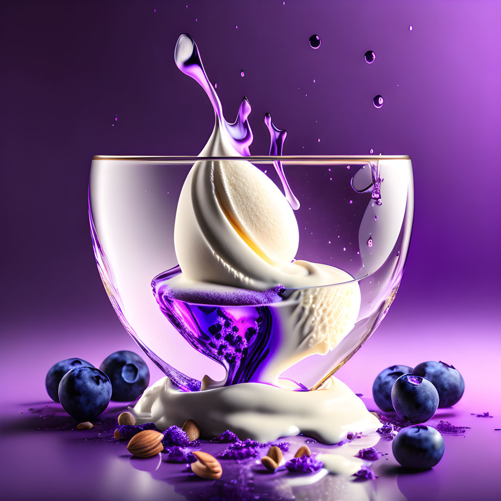 Digital illustration of glass bowl with milk splash, vanilla ice cream, blueberries, and almonds on purple