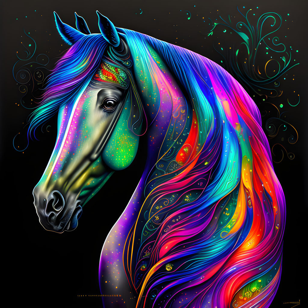 Colorful Horse Artwork with Rainbow Mane and Swirling Patterns