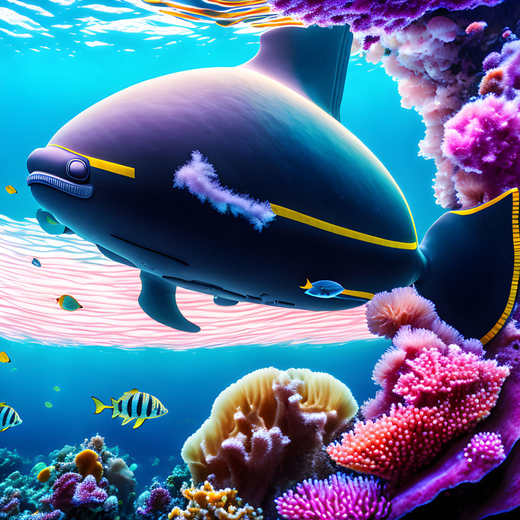 Colorful underwater scene with stylized whale, coral, fish & light rays