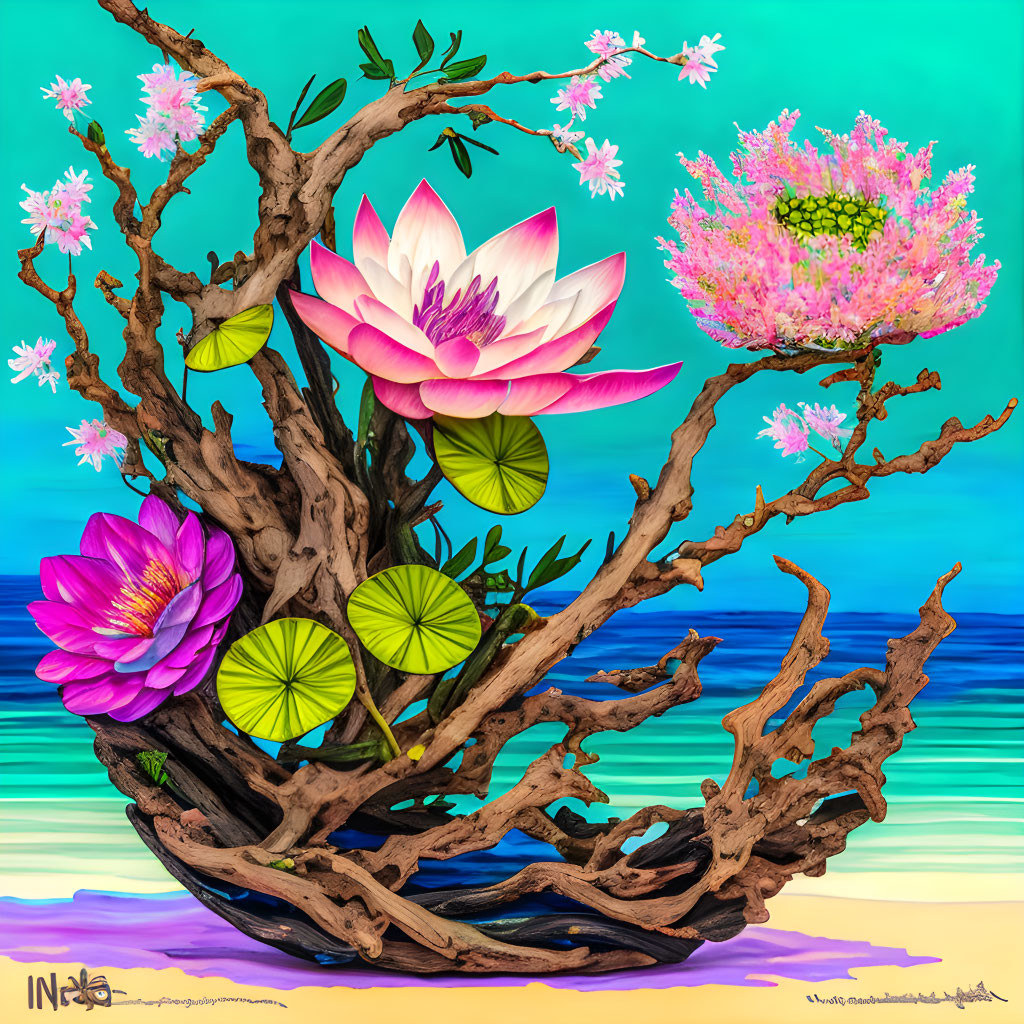 Colorful artwork: Twisted tree, pink blossoms, lotus, nest, and stripes