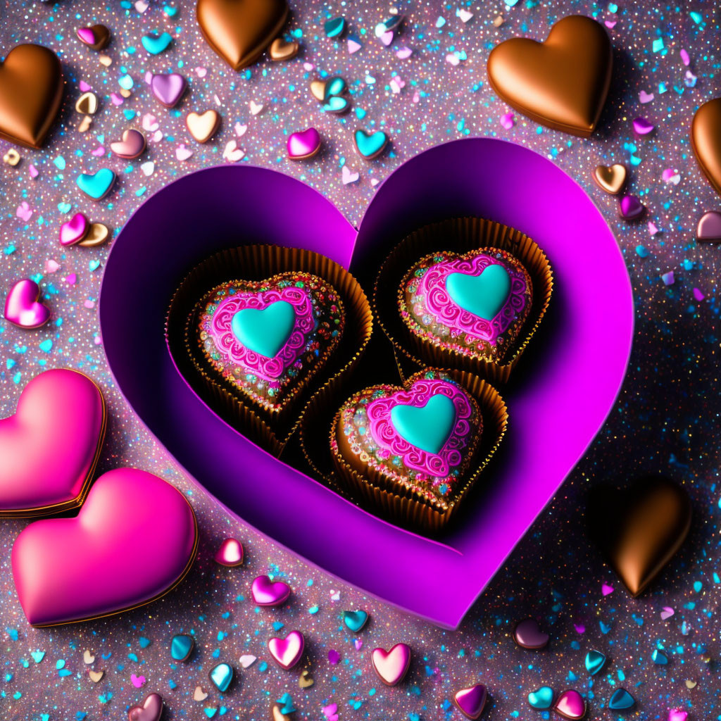 Colorful Heart-Shaped Box of Chocolates Surrounded by Hearts and Sparkles