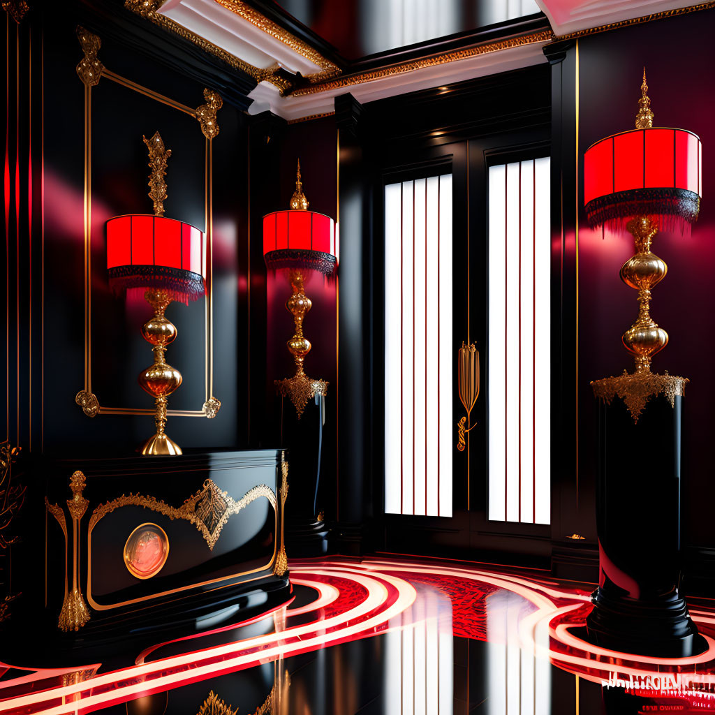 Luxurious Black and Gold Room with Red Accents and Ornate Lamps