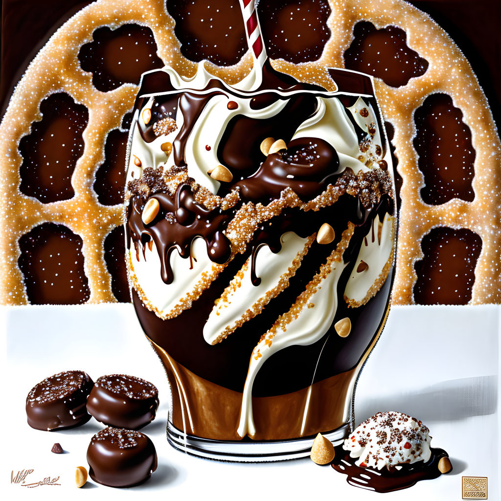 Hyper-realistic illustration of decadent chocolate milkshake with whipped cream, chocolate sauce, nuts, and