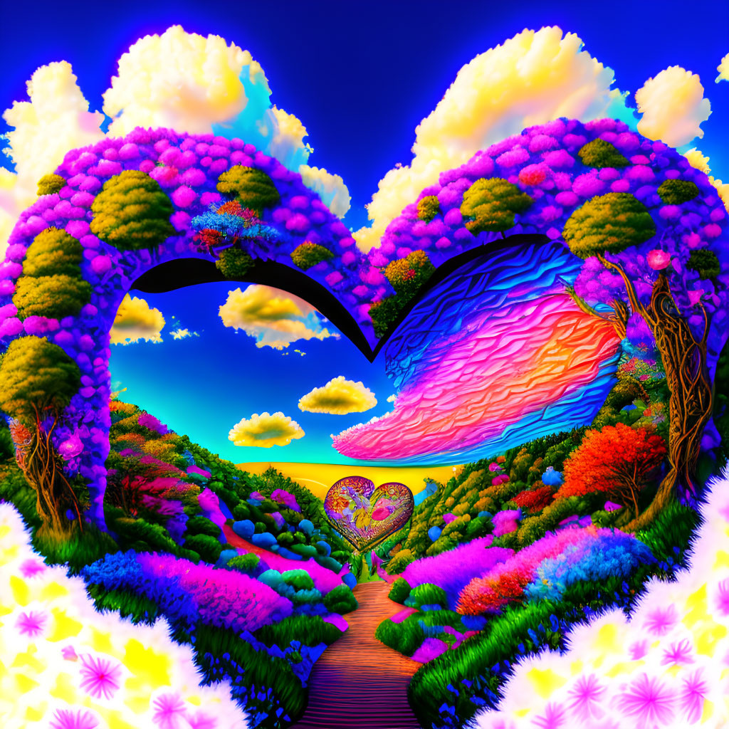 Colorful Heart-Shaped Arch Leading to Psychedelic Landscape