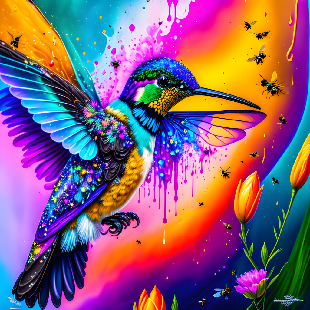 Colorful hummingbird digital artwork with iridescent feathers and abstract background.