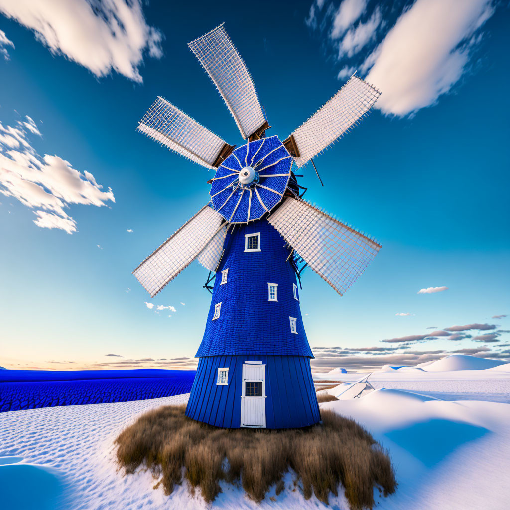 Blue lattice windmill against vivid sky and sand dunes