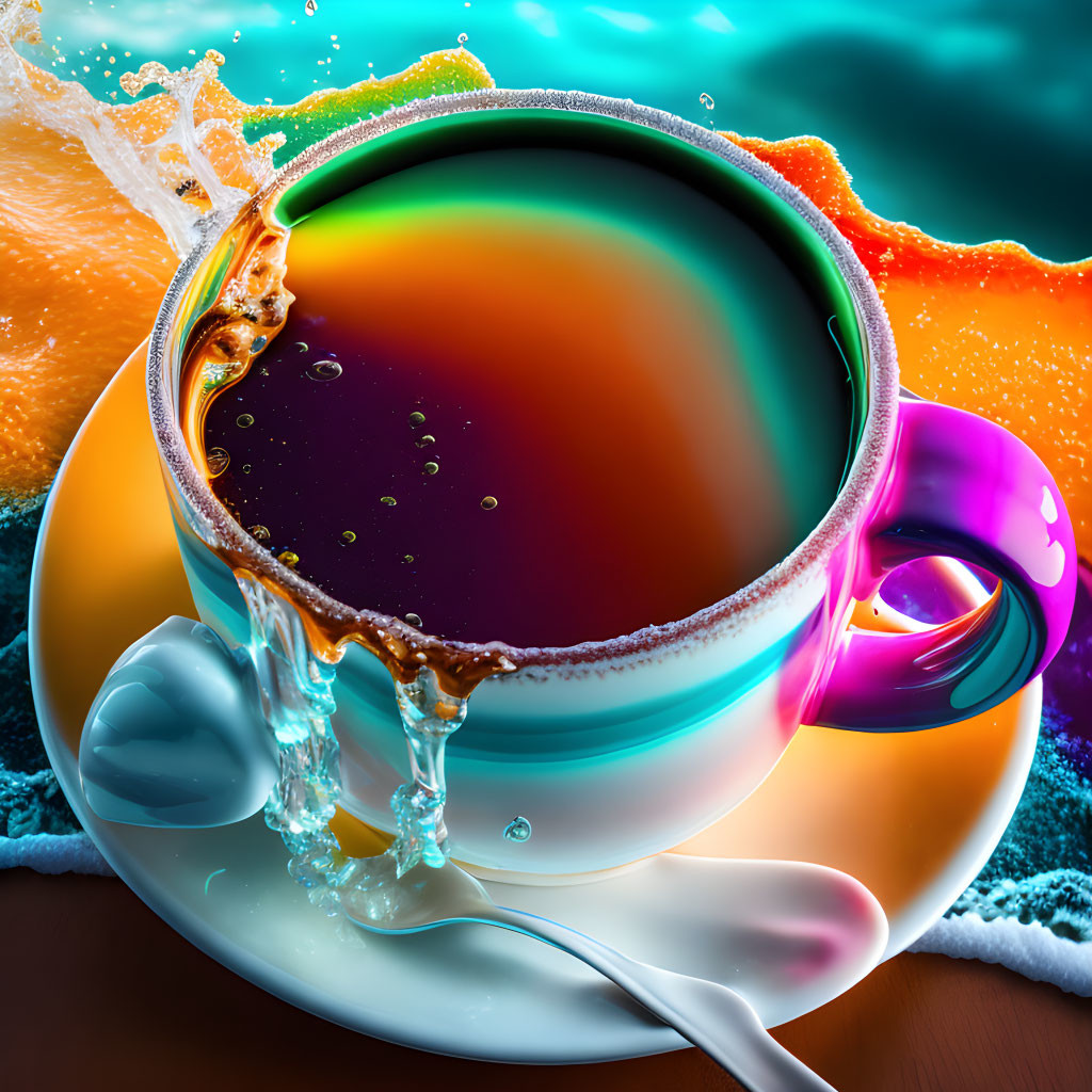 Colorful coffee cup with dynamic splashes on saucer against abstract backdrop