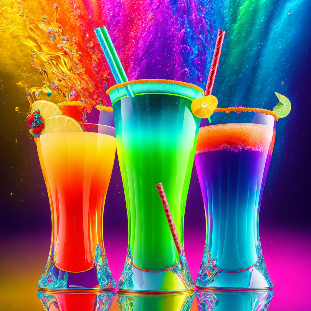 Colorful Gradient Cocktails with Fruit Garnishes and Splashes