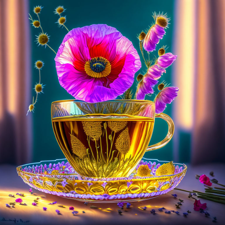 Pink poppy flower and buds in golden teacup with dandelions on teal background