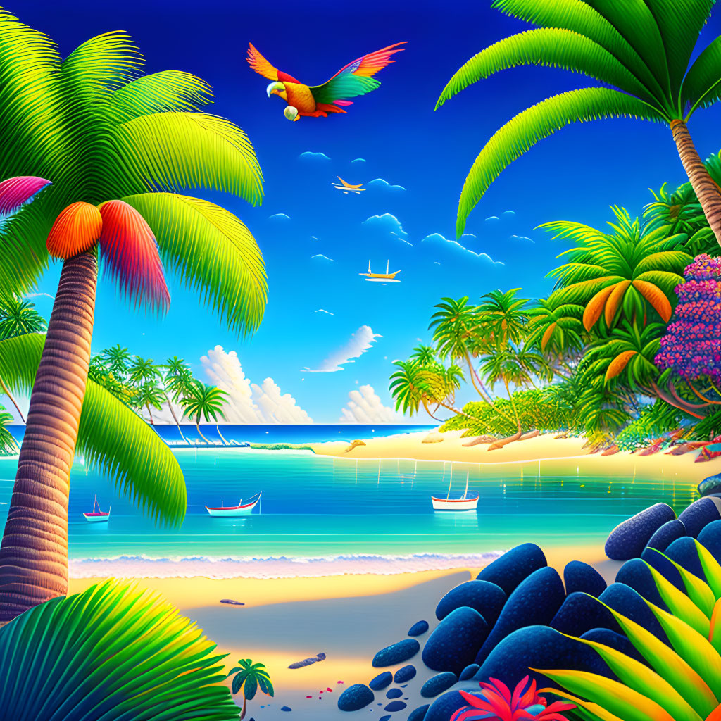 Tropical beach scene with palm trees, parrot, boats, blue water, sky, greenery