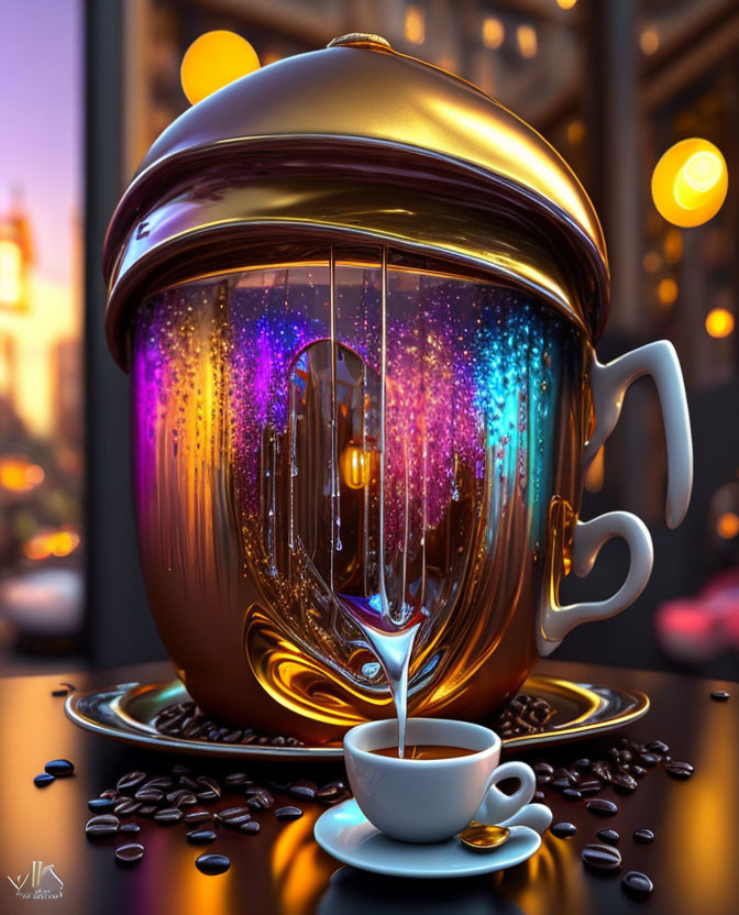 Surreal oversized cosmic coffee pot pouring into small cup