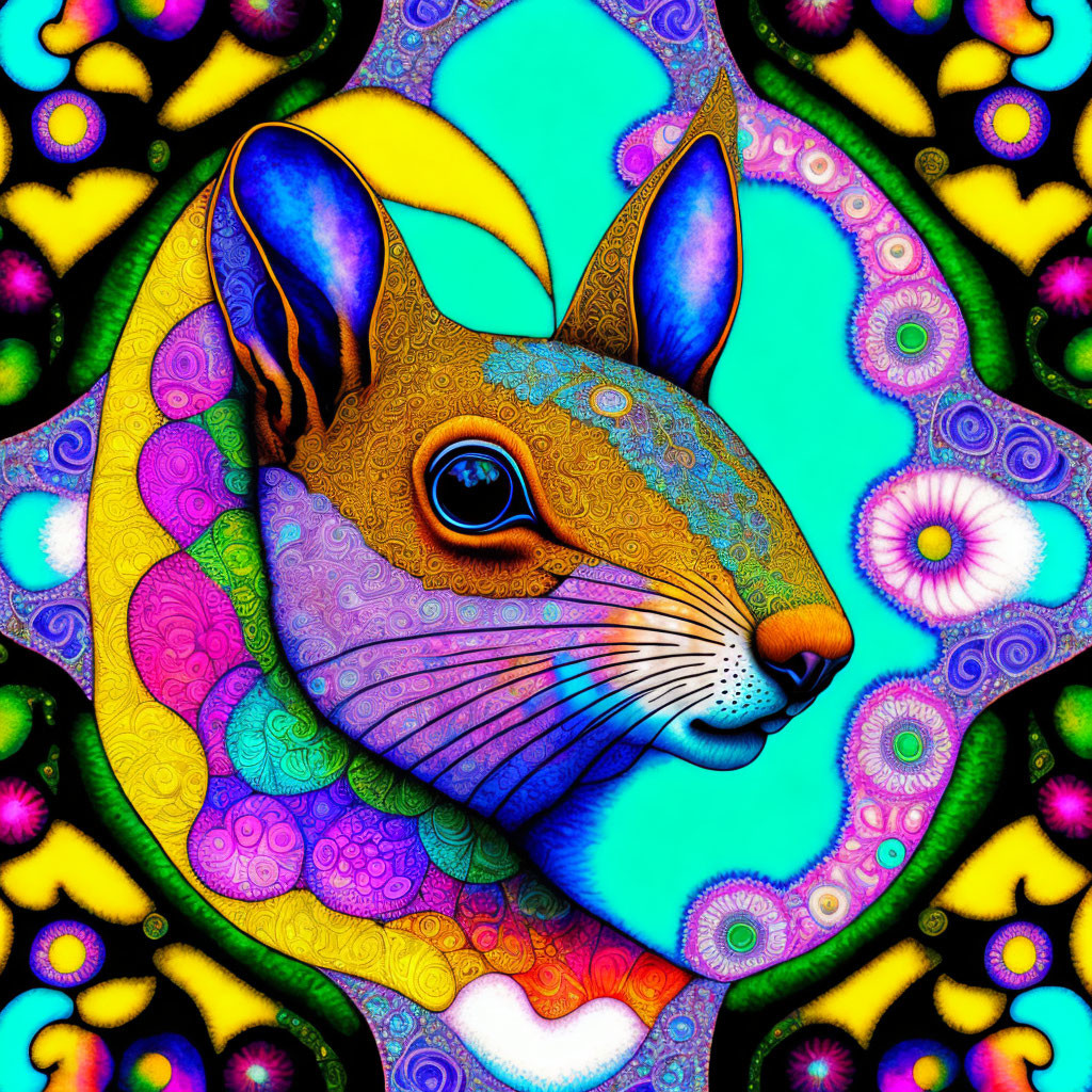 Colorful Psychedelic Rabbit Illustration with Bold Patterns