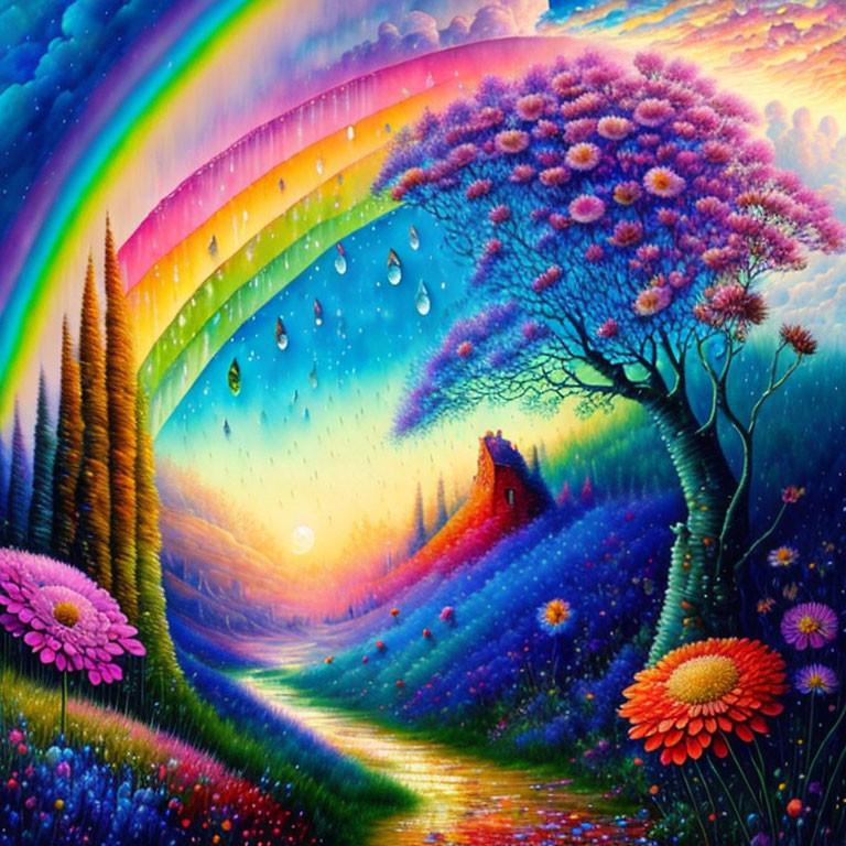 Colorful surreal landscape with rainbow, oversized flowers, and sparkling path