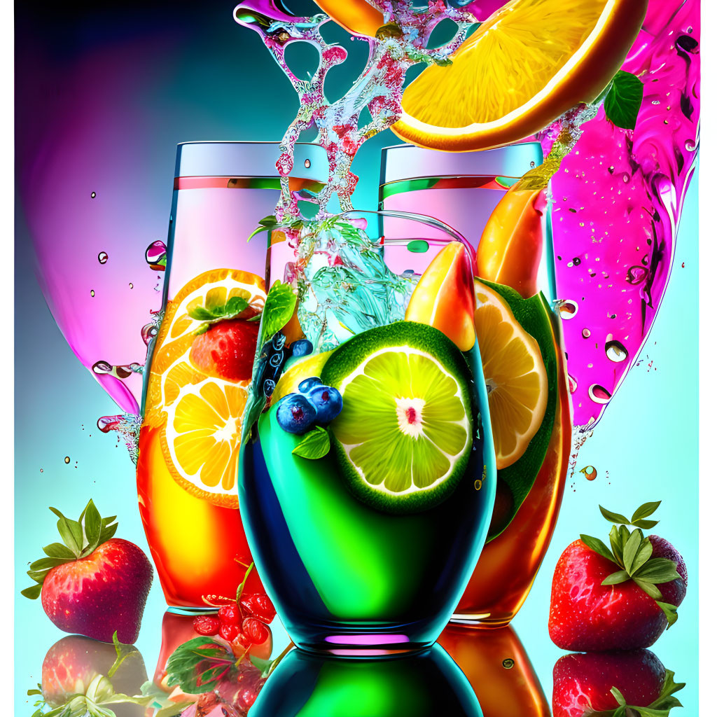 Vibrant fruit-filled beverages in translucent glasses on colorful backdrop