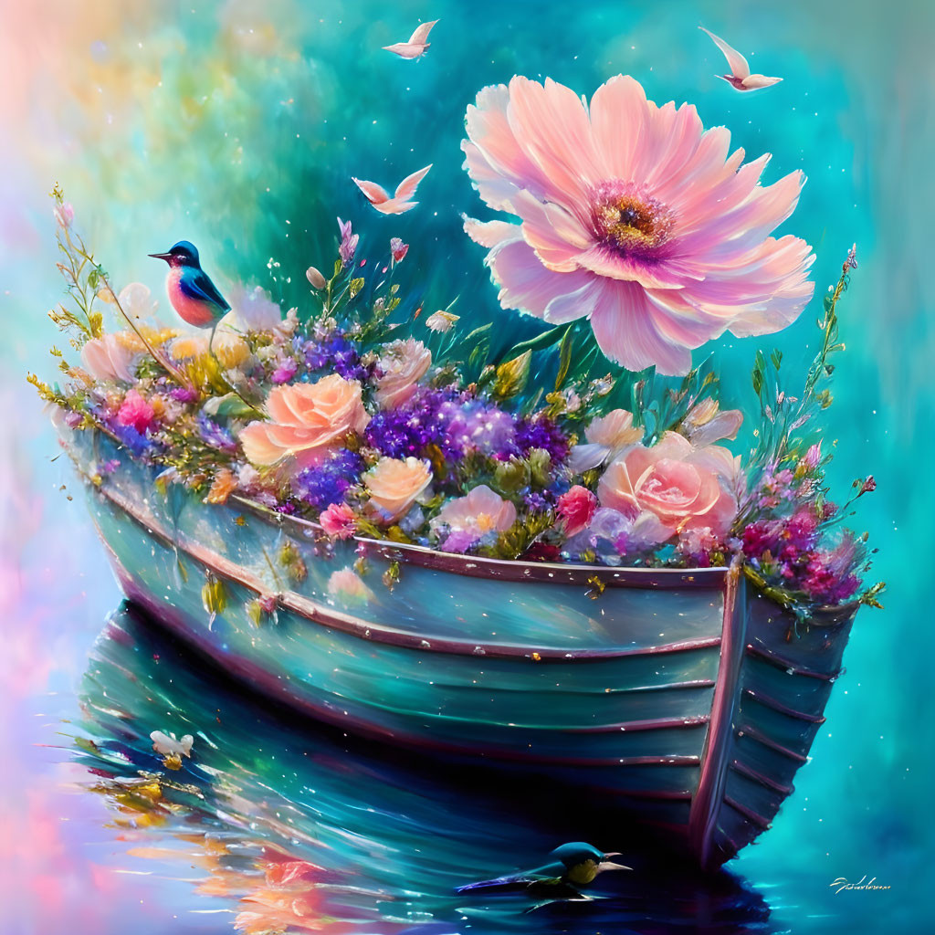 Colorful Flower-Filled Boat Painting with Blue Bird on Pastel Background