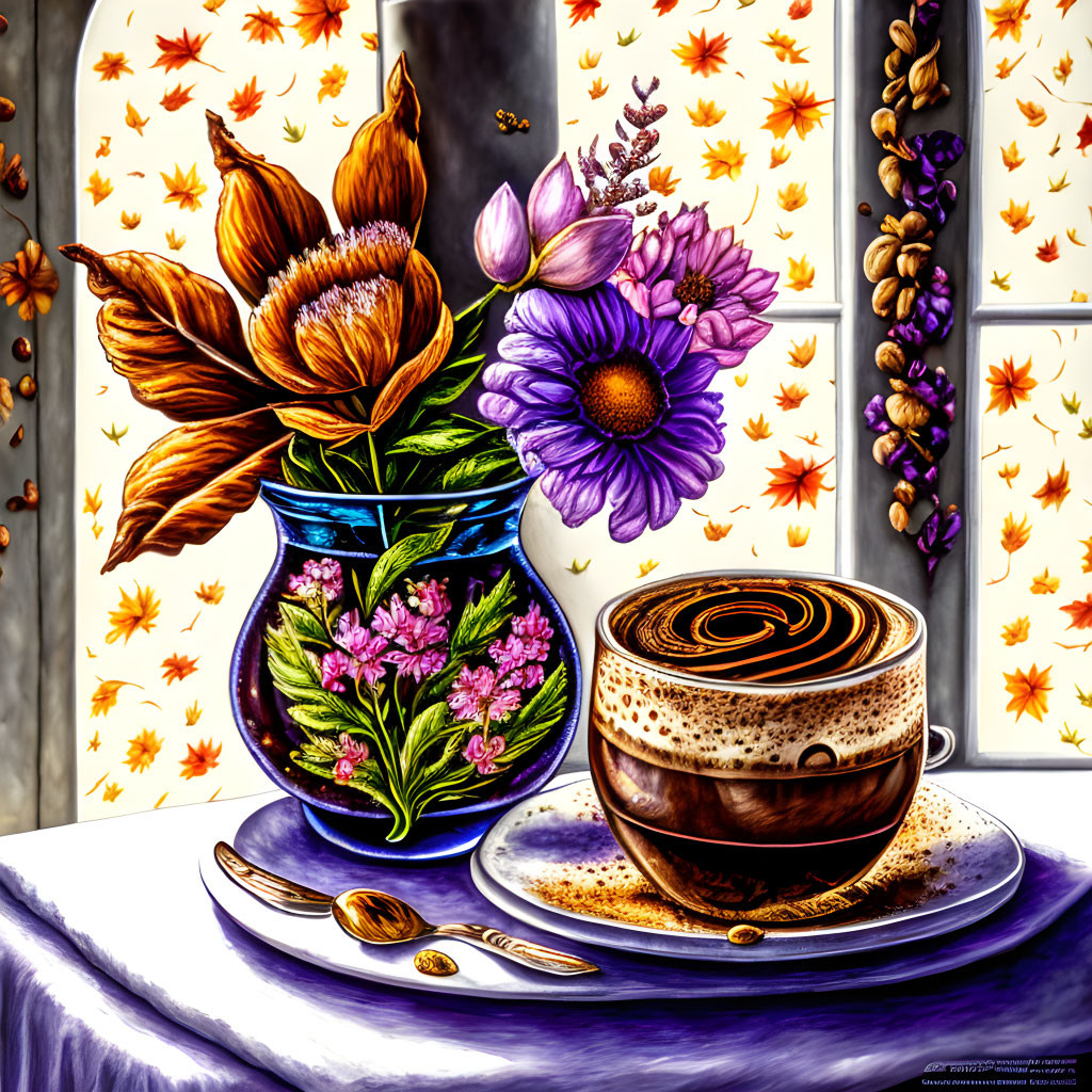 Colorful Coffee Cup Illustration with Foam Design and Flowers