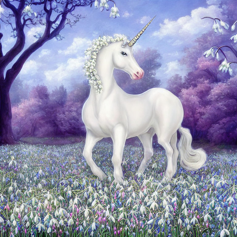 White unicorn with golden horn in blossoming meadow under purple sky