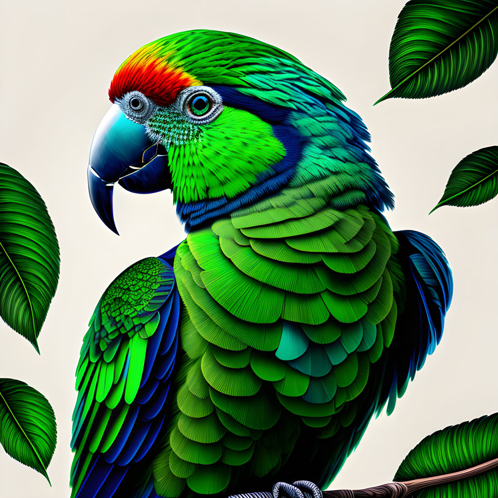 Vibrant Parrot Illustration with Green, Red, and Blue Feathers