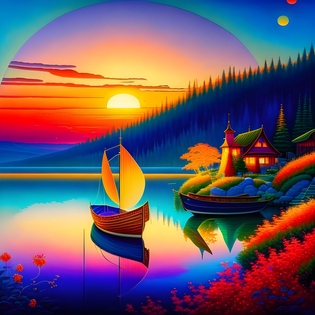 Serene lakeside sunset scene with sailboat, flora, buildings, and forest under gradient sky