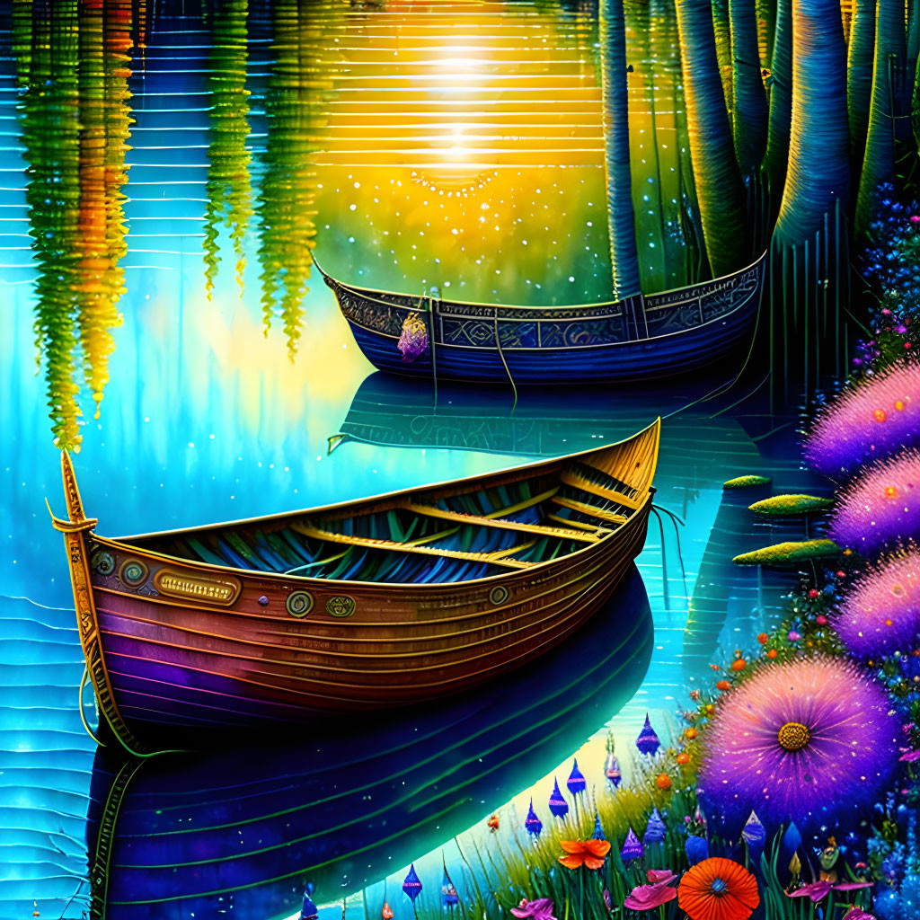 Ornate wooden boats on tranquil lake with sunbeams and colorful flowers