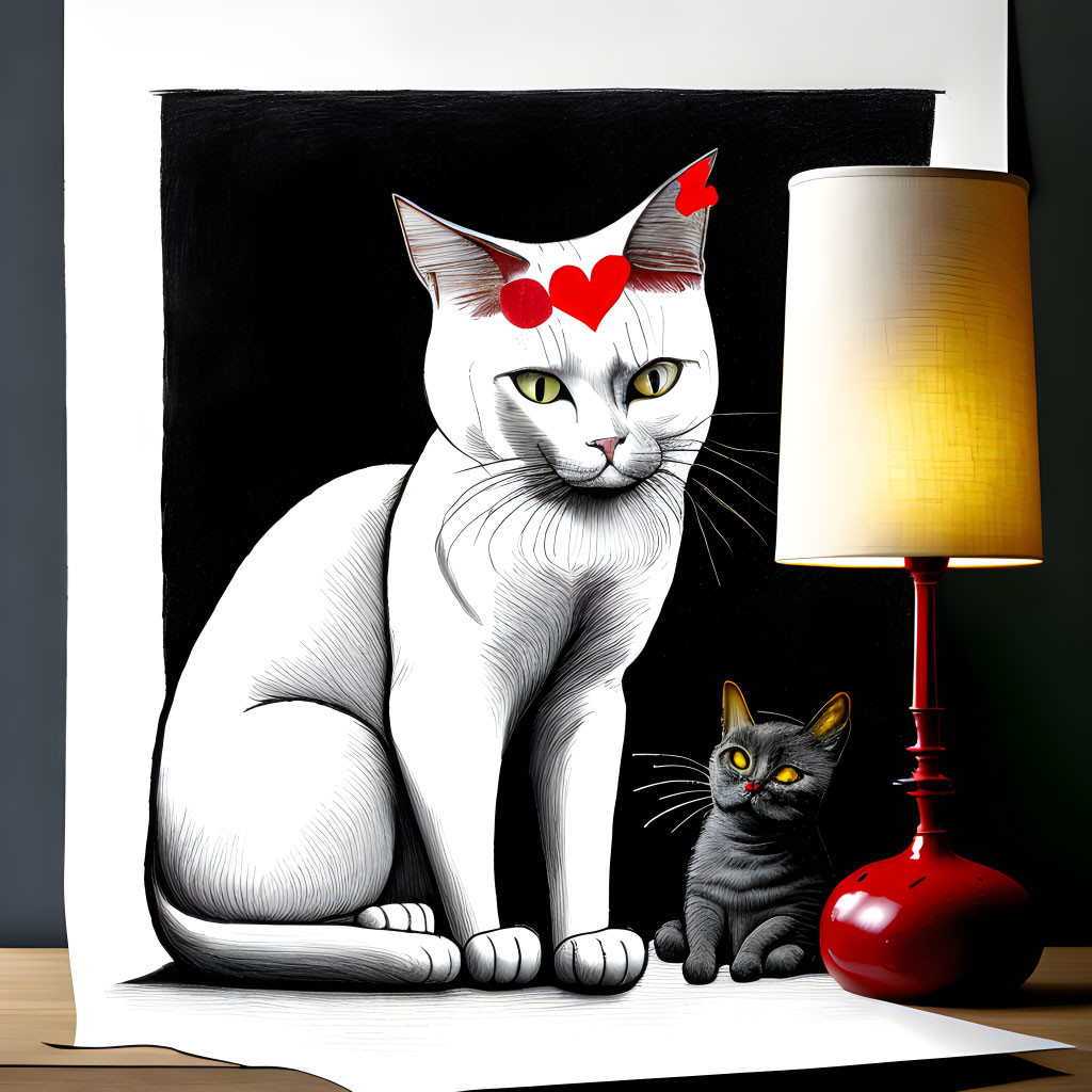 Illustration of White and Grey Cats with Hearts and Lamp