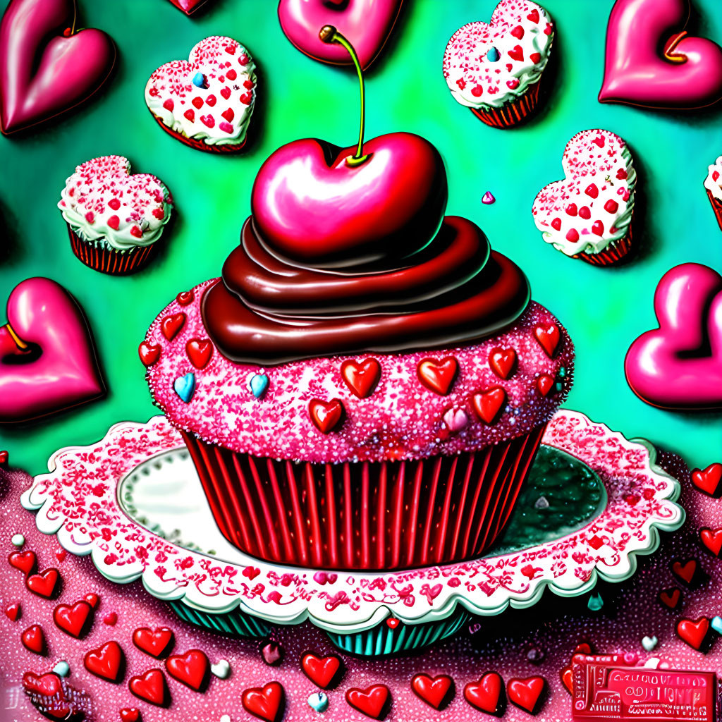 Colorful Chocolate Cupcake with Cherry and Hearts on Green Background