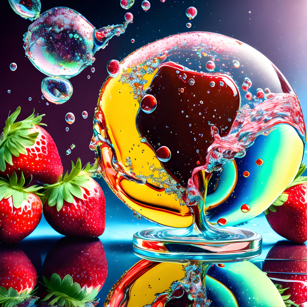 Surreal image: Strawberries, glass, liquid splash, planets, space