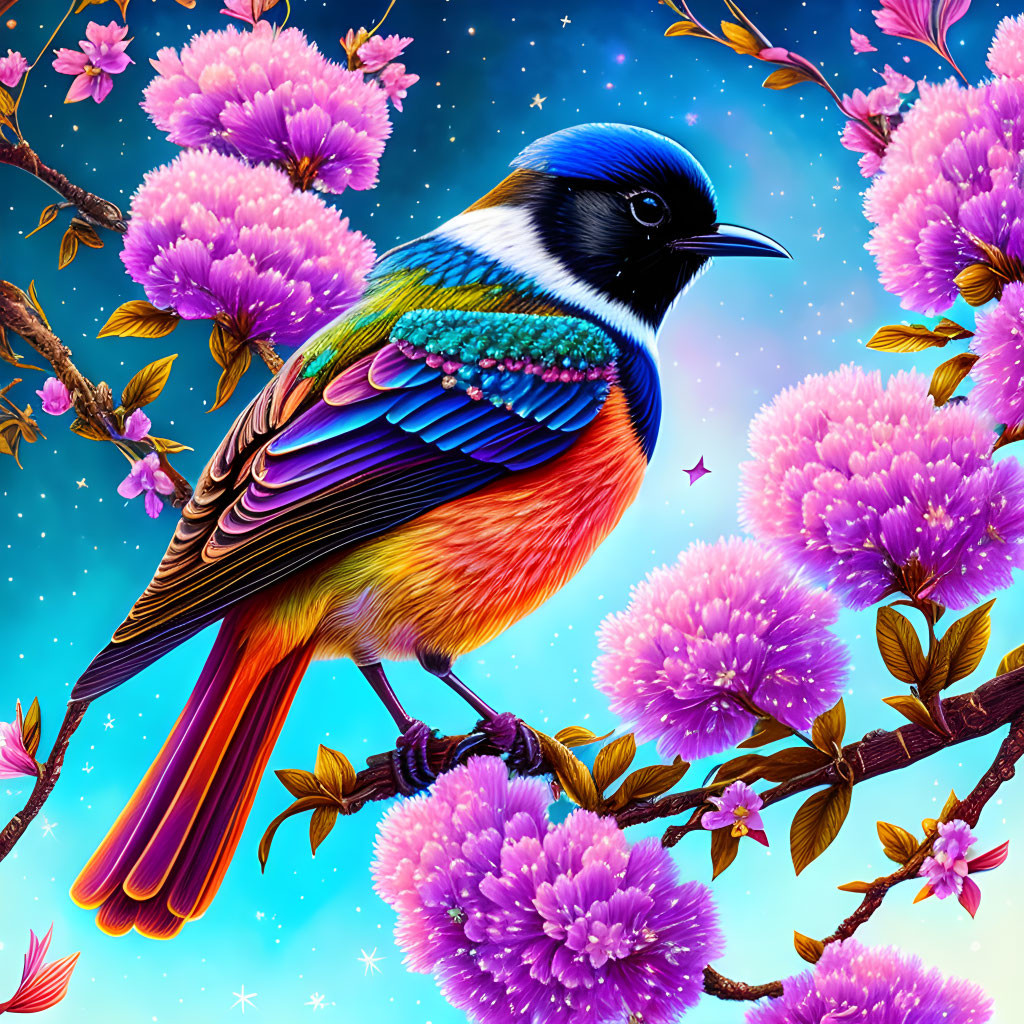 Colorful Bird Perched Among Pink Blossoms on Starry Sky Background