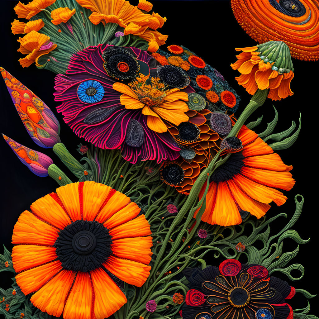 Colorful digital artwork: Orange and red flowers on dark background