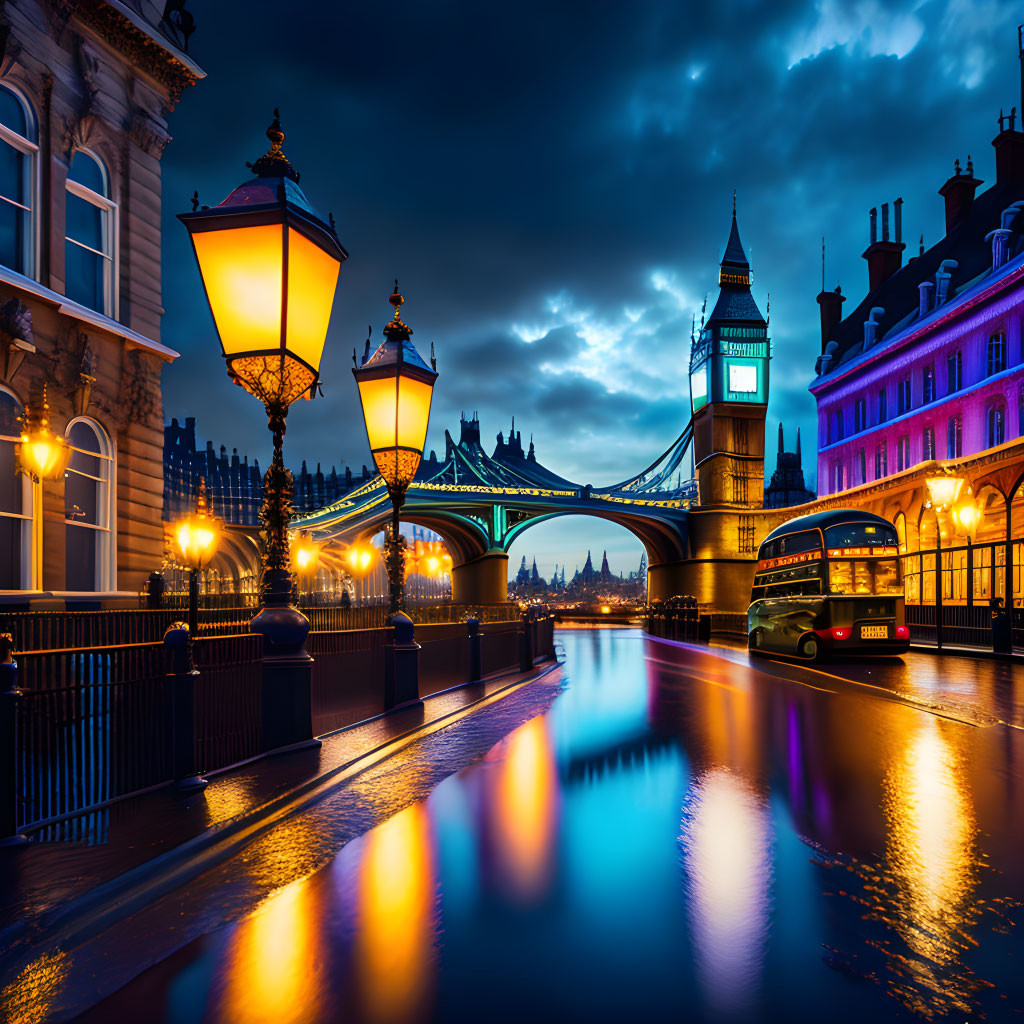 London Tower Bridge and Double-Decker Bus at Night