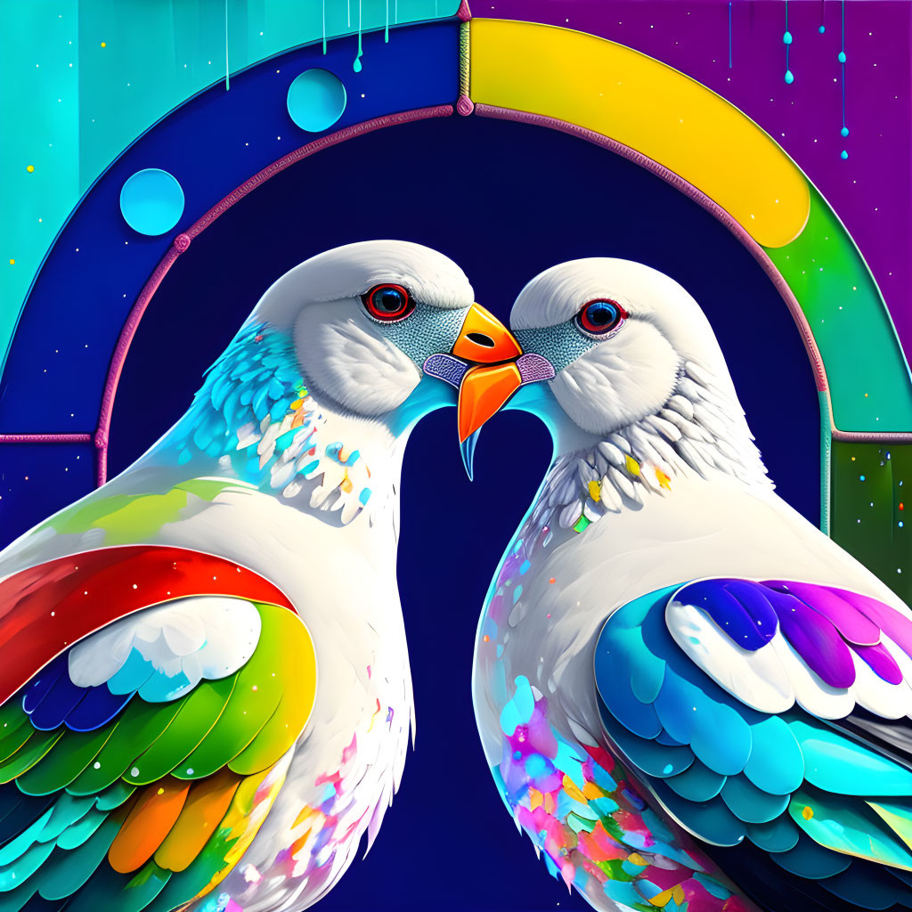 Colorful Stylized Parrots Touching Beaks on Vibrant Background