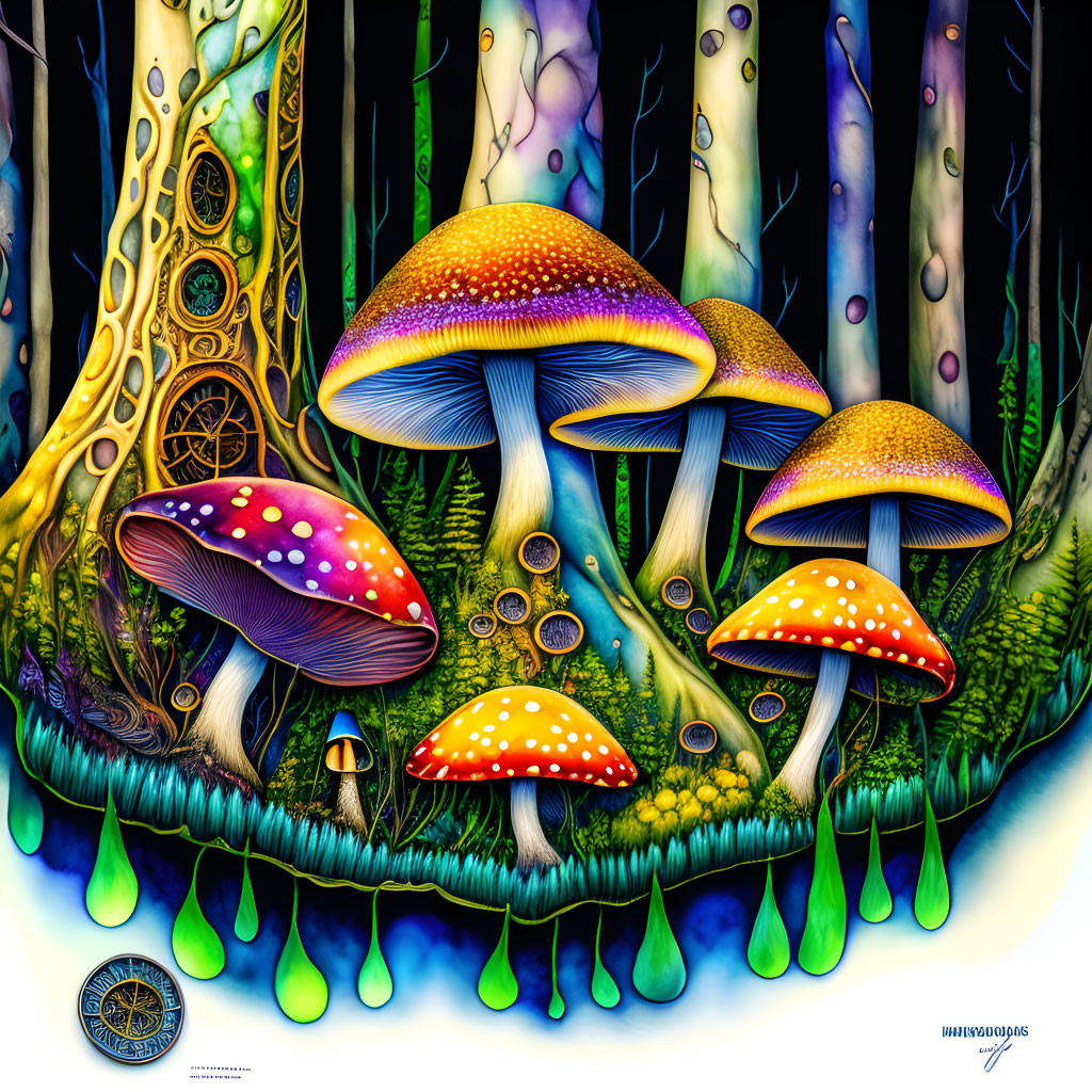 Colorful digital artwork: Psychedelic mushrooms in surreal setting