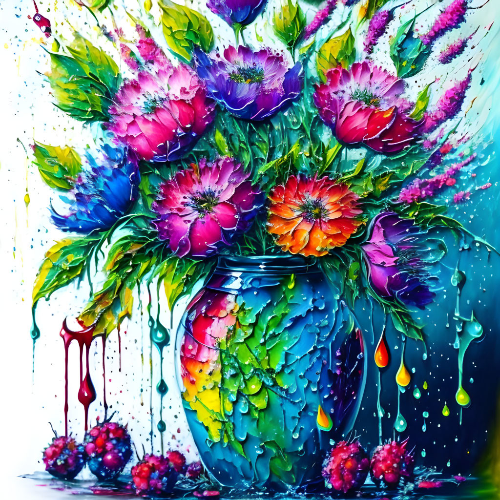 Colorful Abstract Bouquet Painting with Dripping Colors