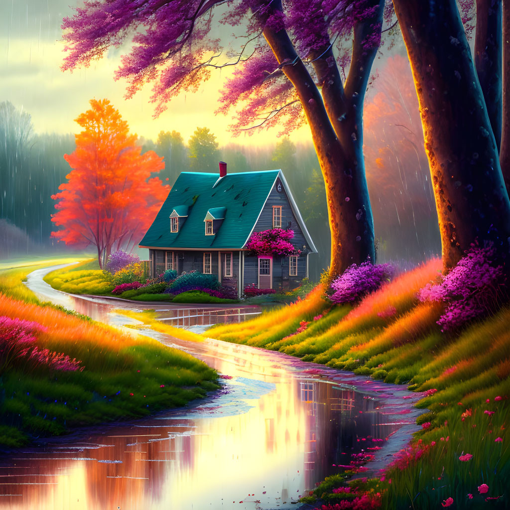 Colorful Painting of Cottage Surrounded by Blooming Trees and River