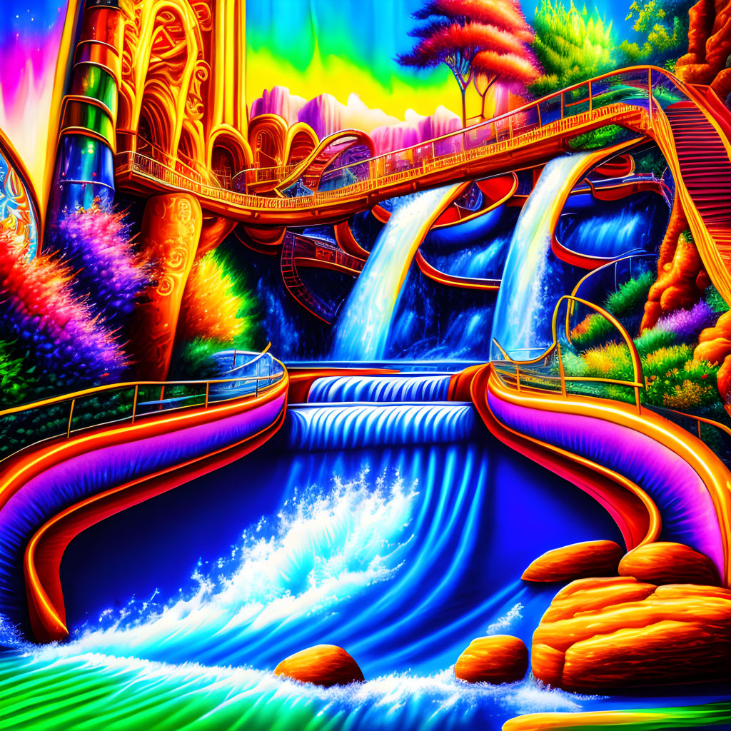 Fantasy landscape with water slide, whimsical trees, and glowing pathways