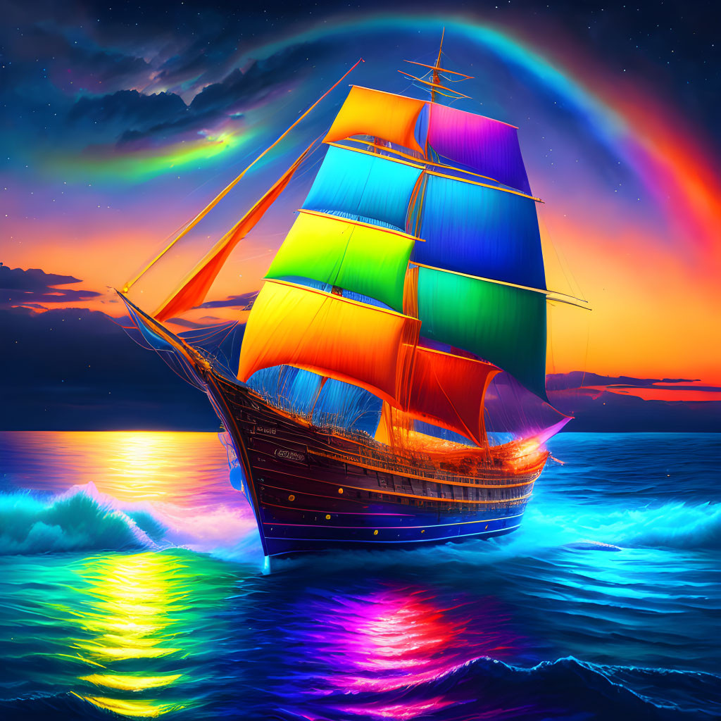 Colorful sailing ship artwork on glowing waves under night sky