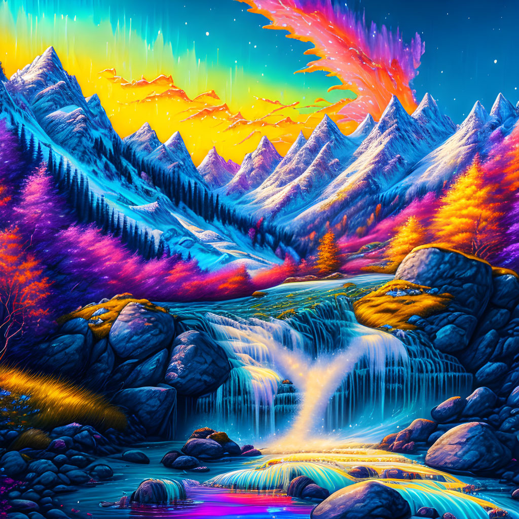 Colorful Mountain Landscape with Waterfall and Neon Sky