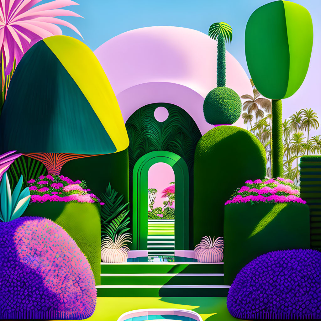 Colorful digital artwork: Whimsical garden under pastel sky