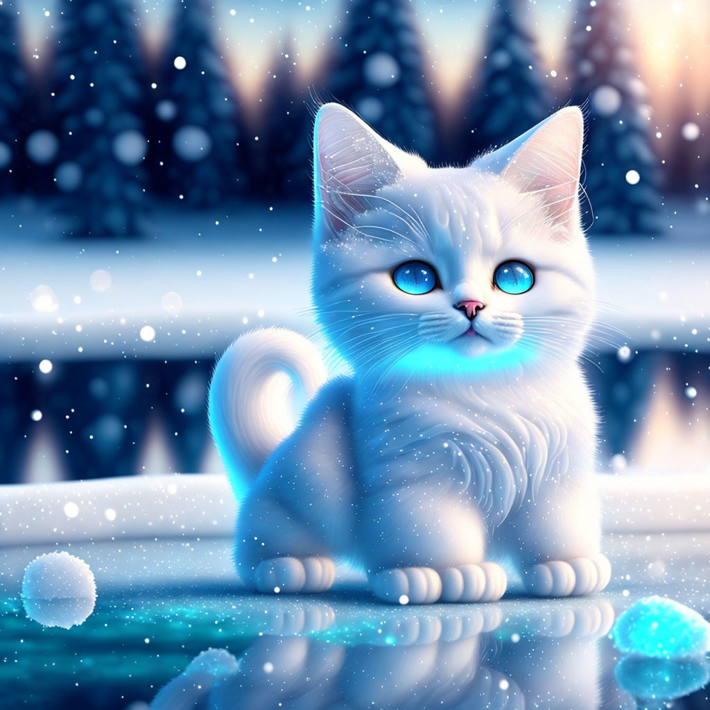 Blue-eyed white cat in snowy landscape with falling snowflakes.