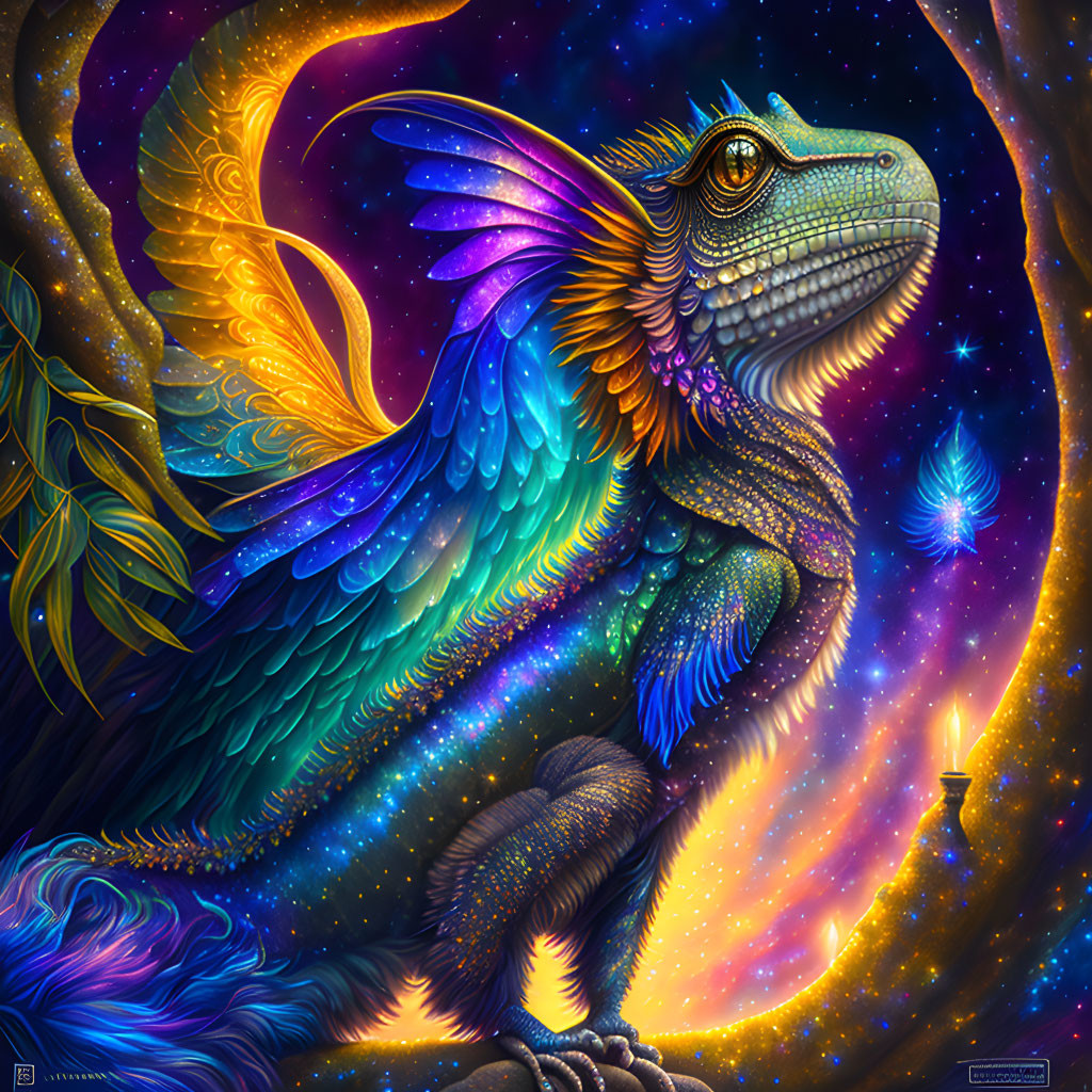 Colorful dragon with rainbow wings in cosmic setting