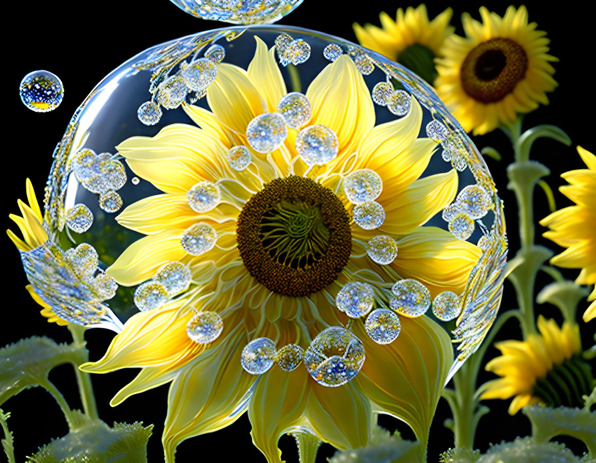 Bright sunflower with soap bubbles on dark background