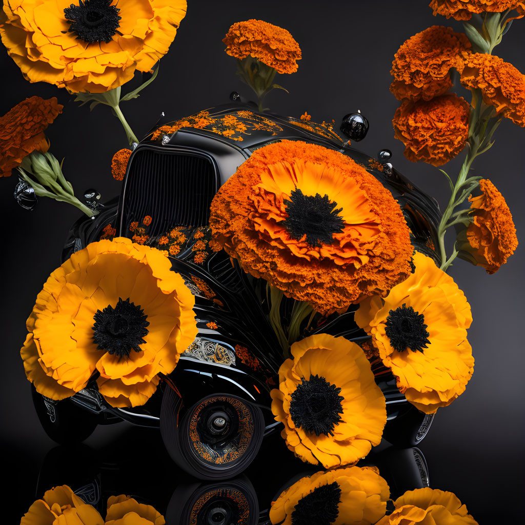 Vintage Black Car Decorated with Large Orange Poppies on Dark Background