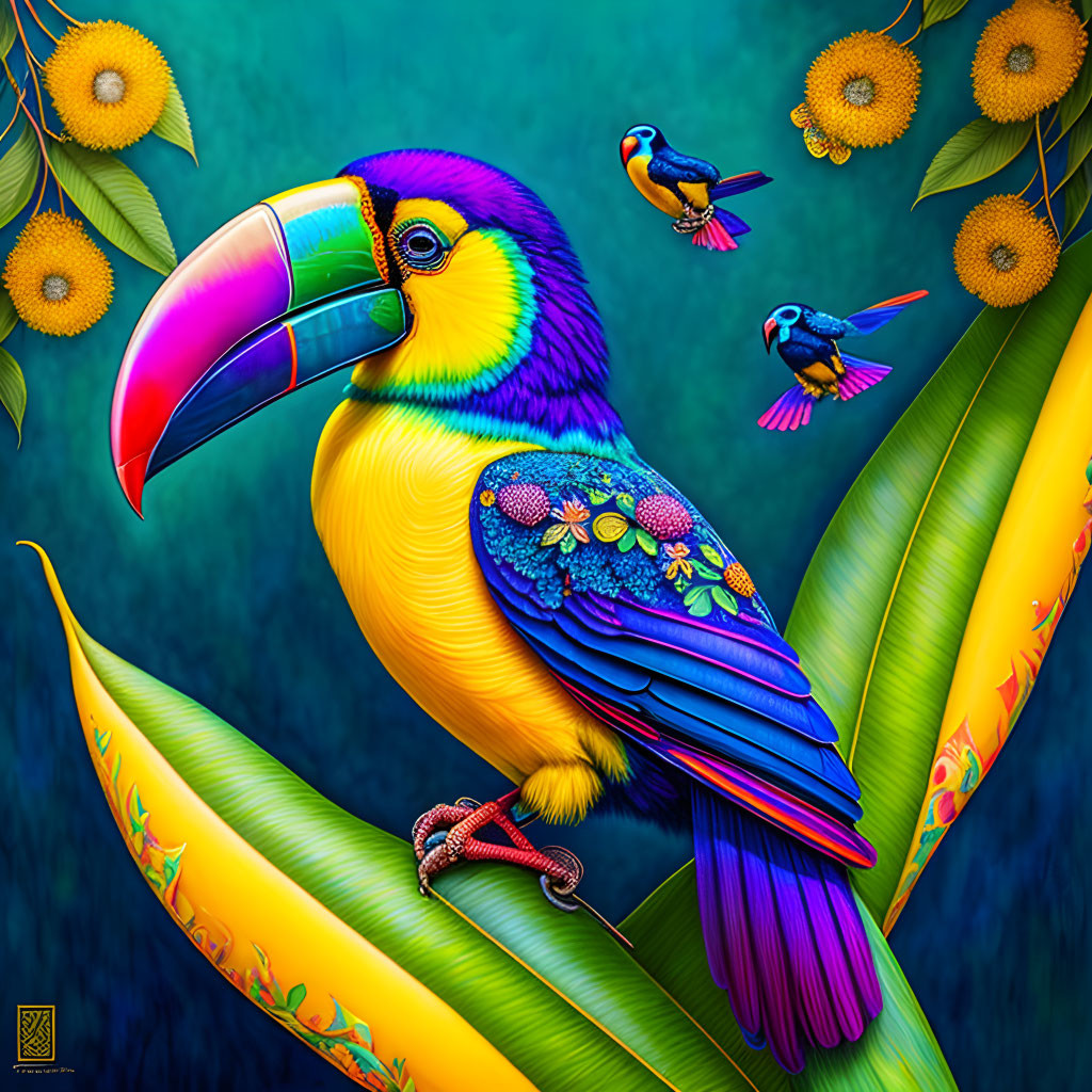 Colorful Toucan on Leaf with Hummingbirds and Sunflowers Illustration