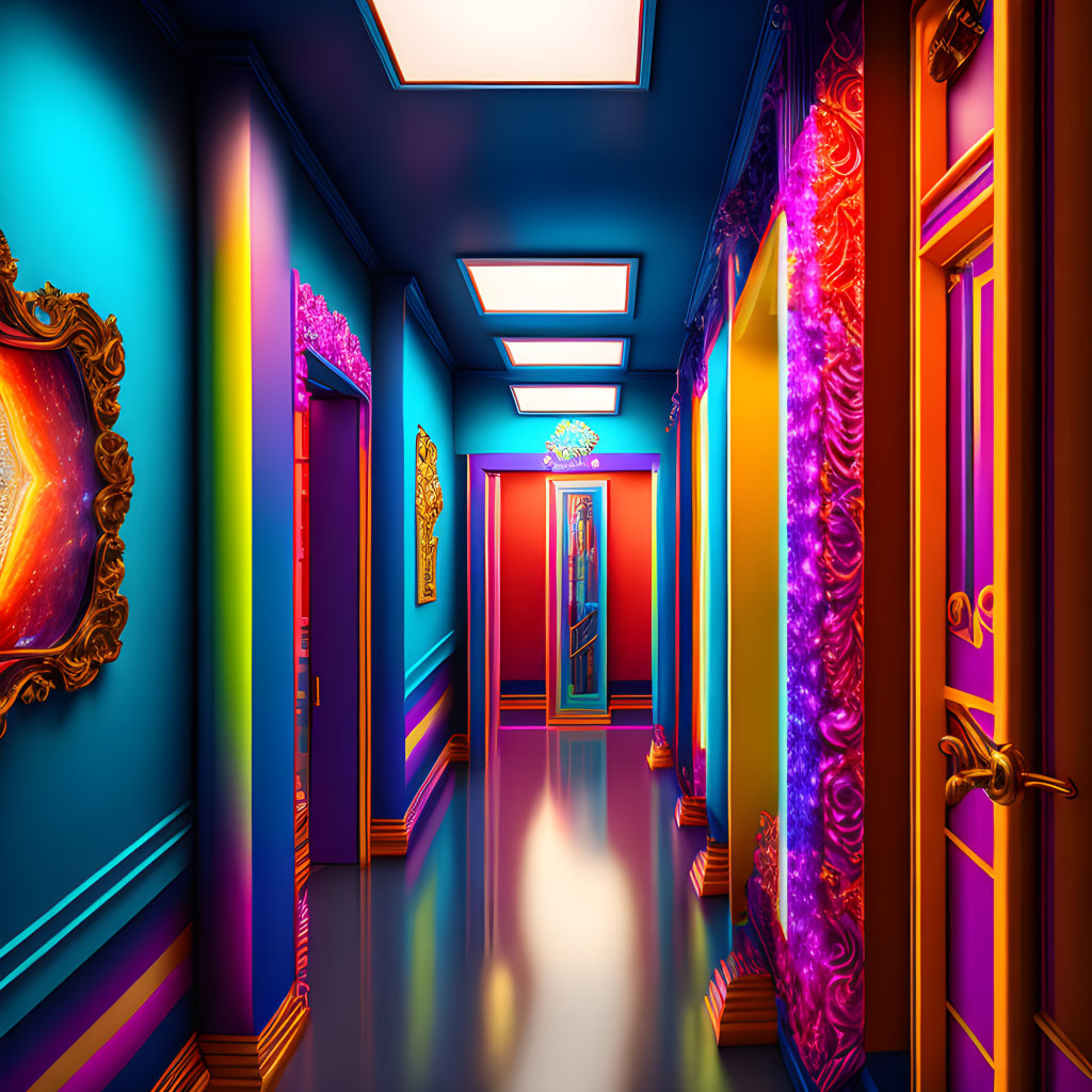 Colorful Hallway with Psychedelic Patterns and Reflective Floor