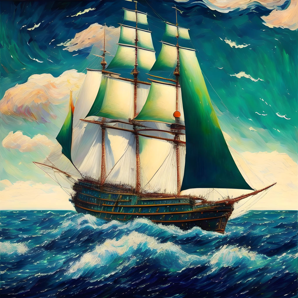 Majestic sailing ship on turbulent blue seas under dramatic sky