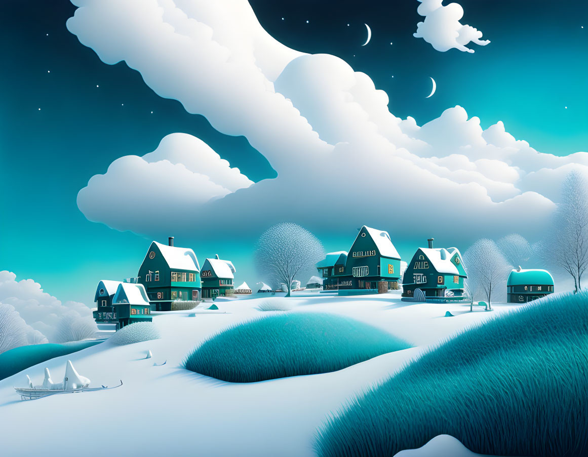 Snow-covered winter village scene with green-roofed houses and bare trees